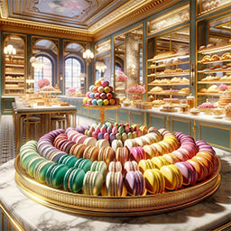 image showcasing a variety of colorful macaroons in a luxurious French bakery